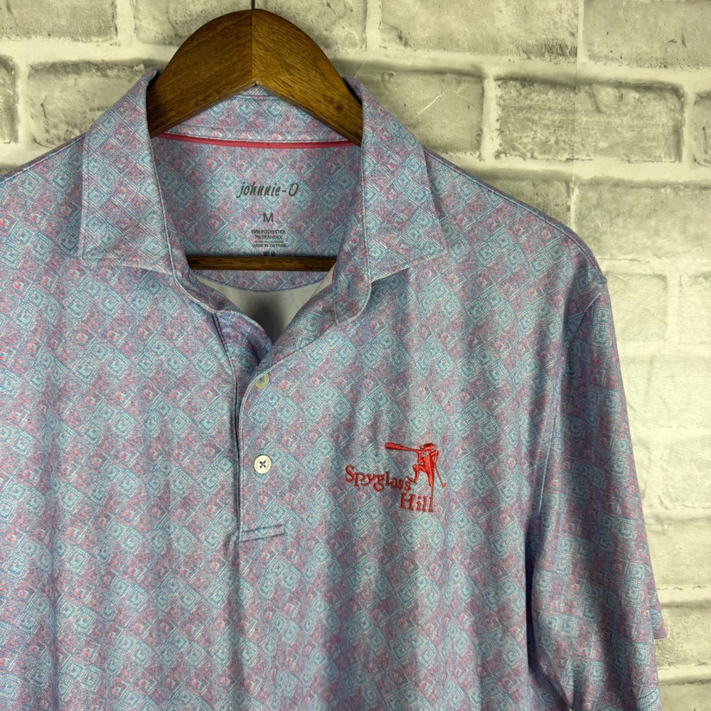 Johnnie-O Spyglass Hill Golf Polo Shirt Mens Medium Blue Pink Geometric UPF 50